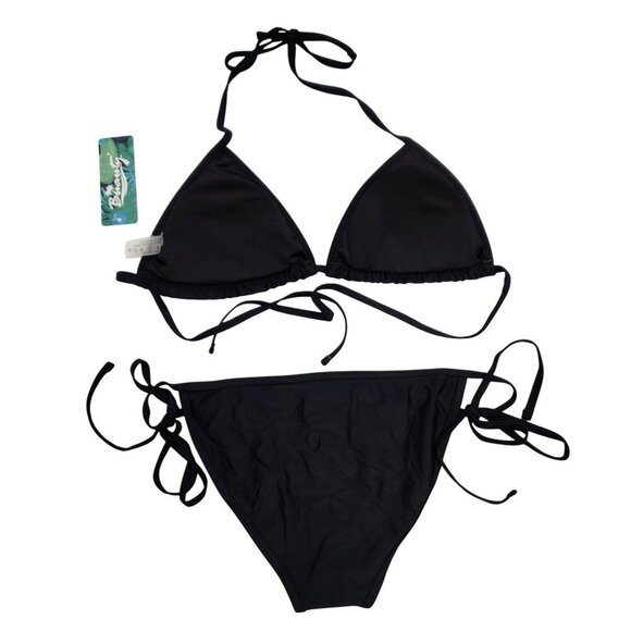Black Bikini Set With Adjustable Swimsuit Triangle Top Tie-Side Bottoms Size M - Picture 4 of 6